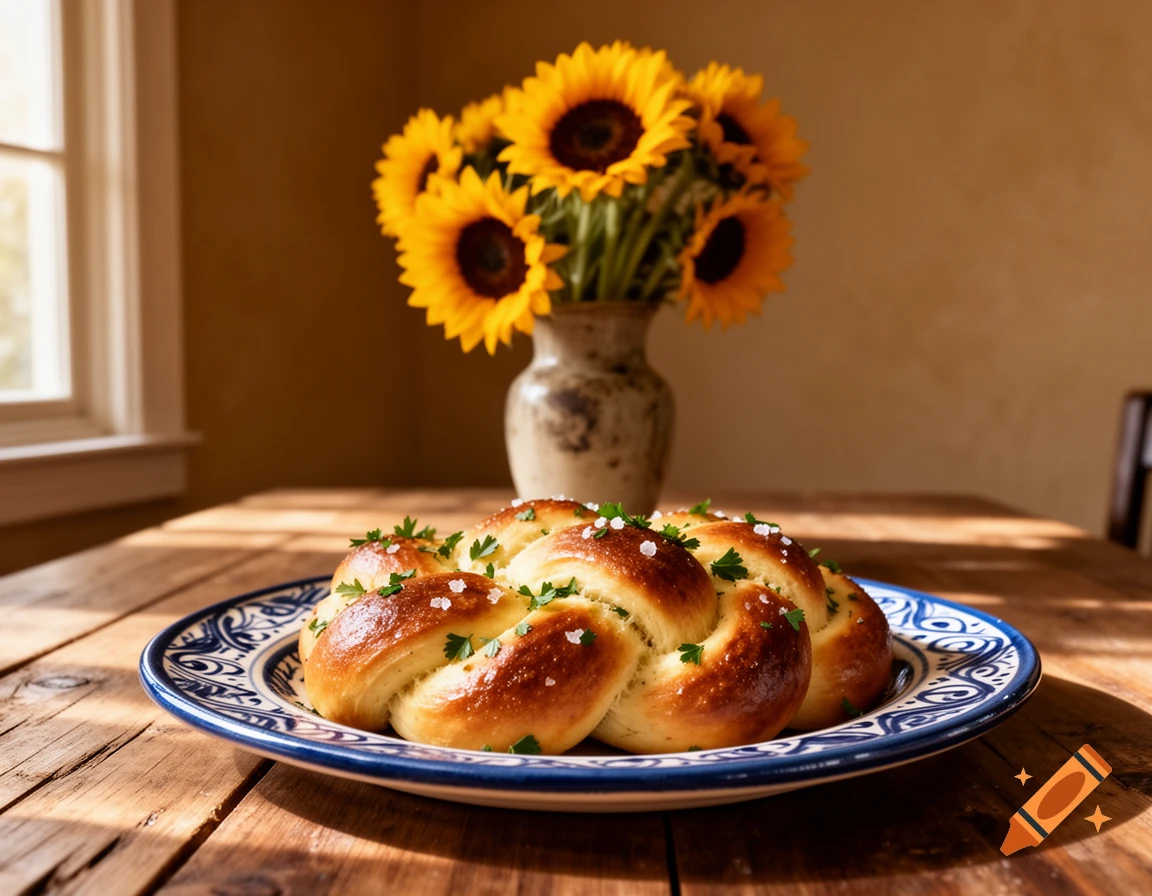 Braided bread with salt and parsley on a decorative plate on a wooden table, with sunflowers in a vase by a window.