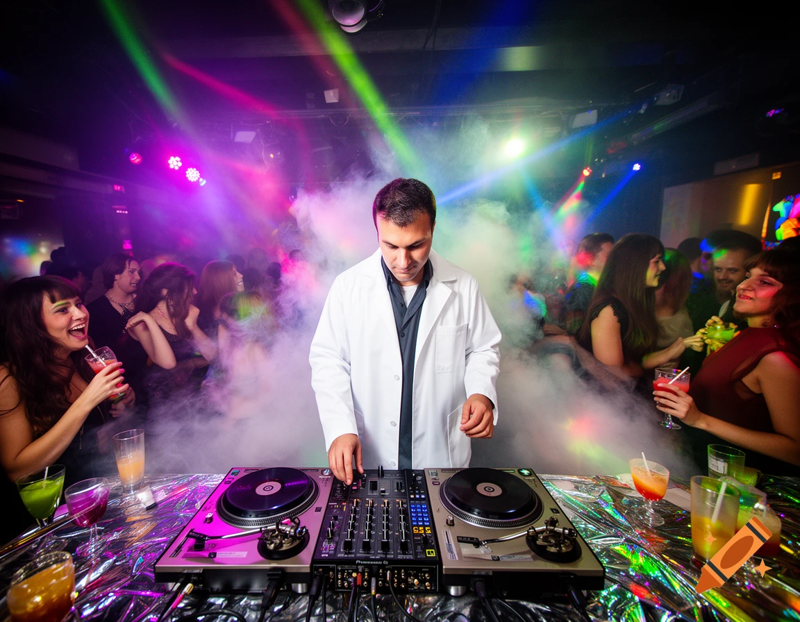 A DJ in a white lab coat plays music on turntables in a smoky, neon-lit club with dancing people.
