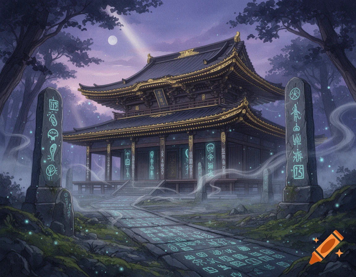 An ancient Japanese temple in a misty forest at night, with glowing alien symbols on stone tablets and a path under a moonlit sky.