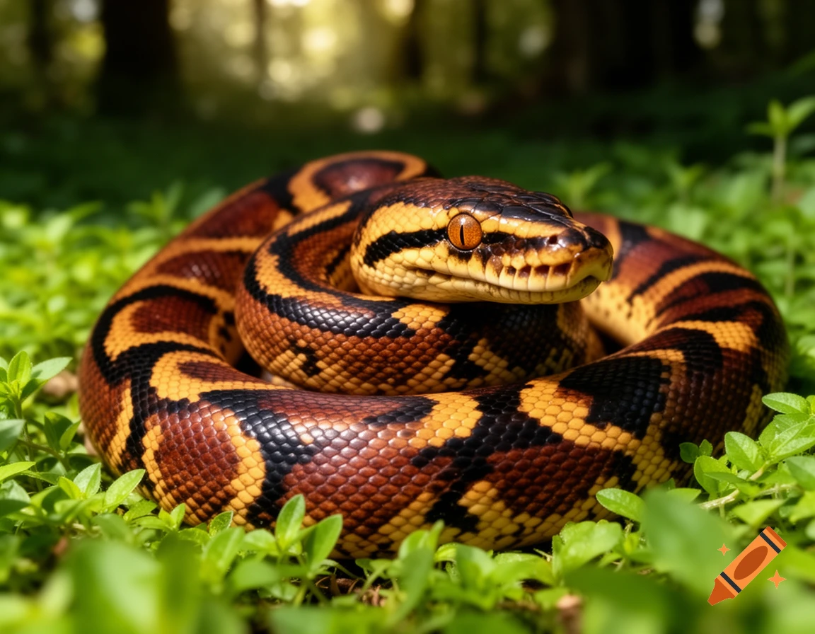 A photorealistic brown and black patterned python with orange eyes coiled in vibrant green grass with a blurred forest background.