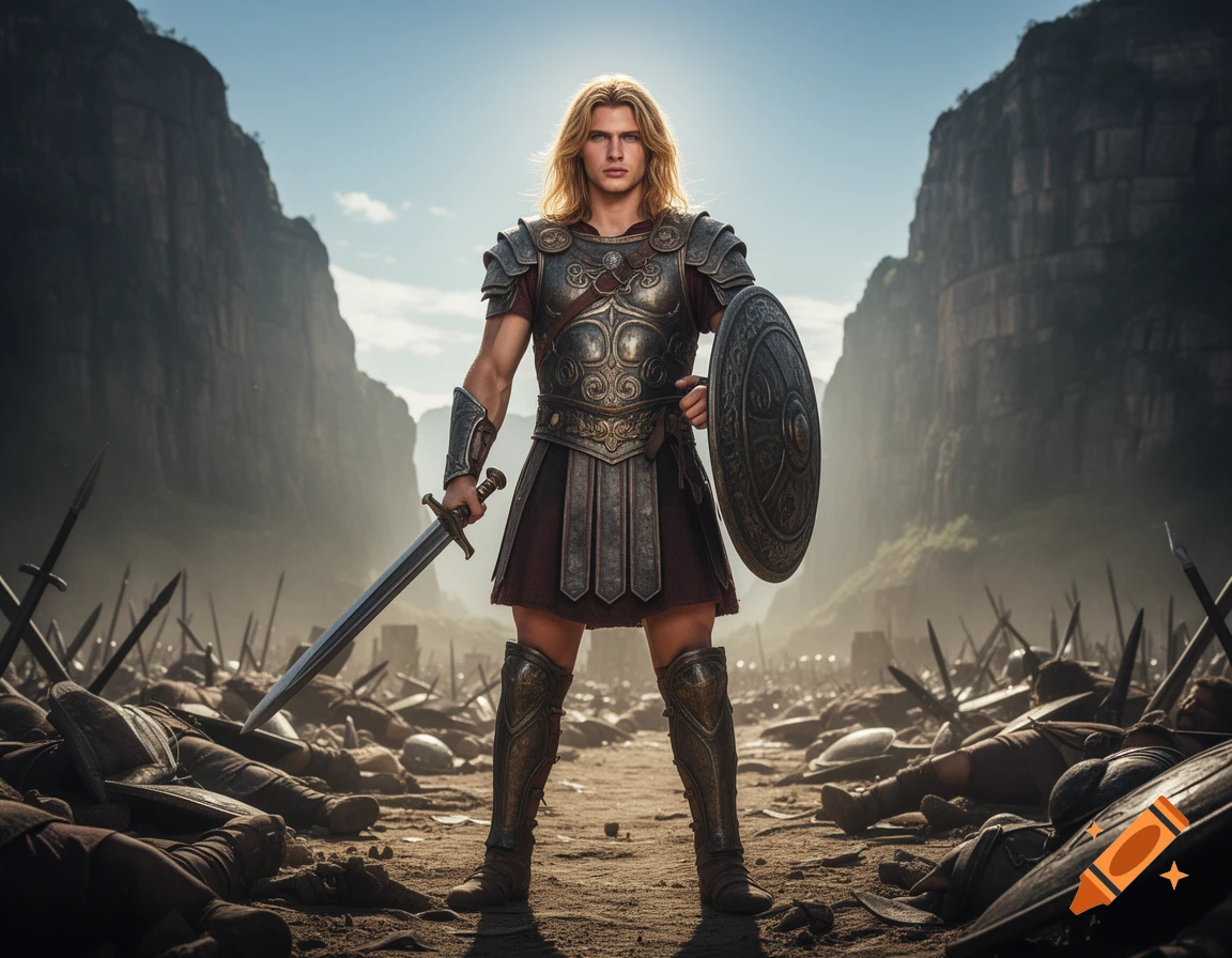 A photorealistic image of a young male warrior with golden hair and blue eyes, wearing ornate armor, holding a sword and shield, standing on a battlefield.