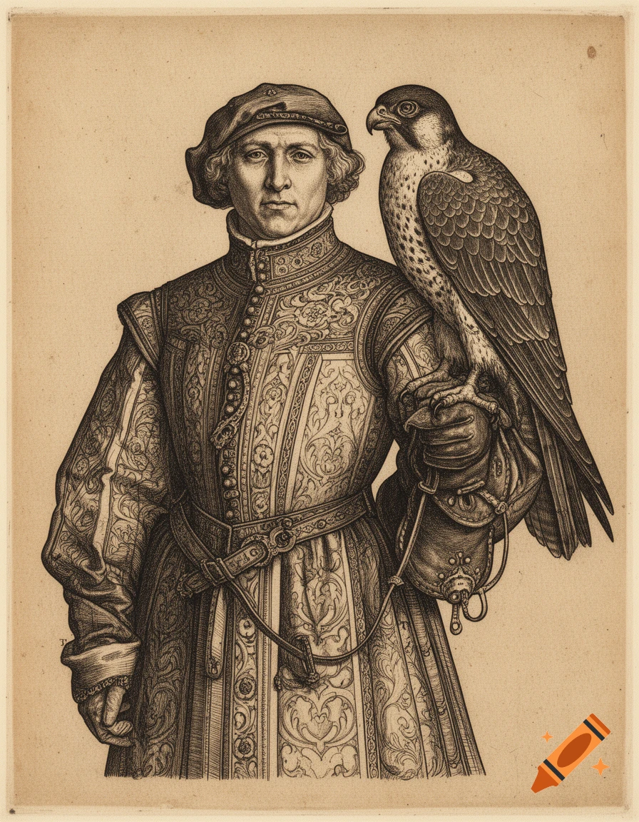 A Dürer-style etching of a medieval falconer in ornate attire holding a falcon on his gloved hand, both looking forward.