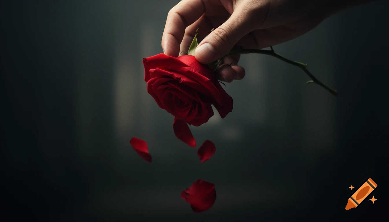 A hand gently releases a red rose, its petals slowly falling against a dark, moody background, conveying a melancholic atmosphere.