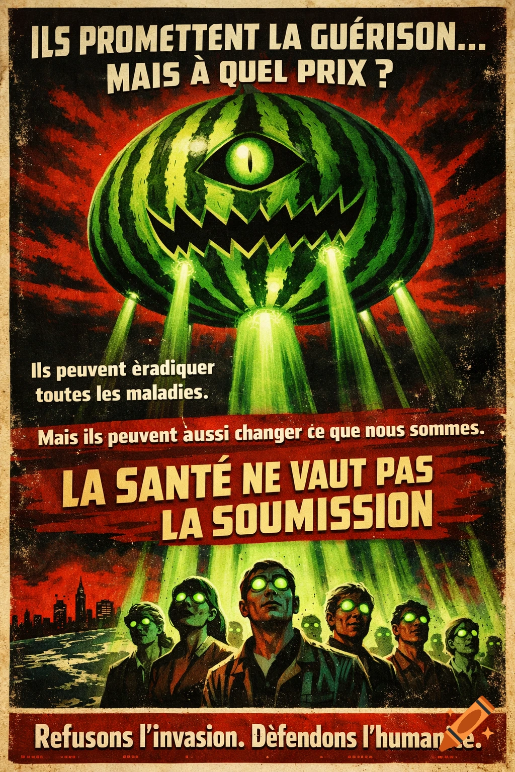 A vintage propaganda poster shows a watermelon-shaped alien spaceship with a single eye, beaming green lights onto a crowd of humans with glowing green eyes, against a red and black background. French text warns about the cost of healing and invasion.