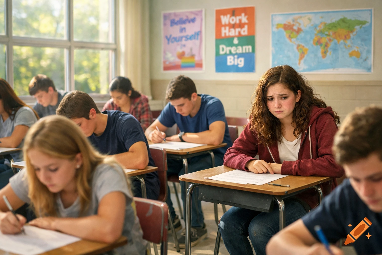 A photorealistic image of students taking an exam in a classroom, with one girl in the foreground looking upset.