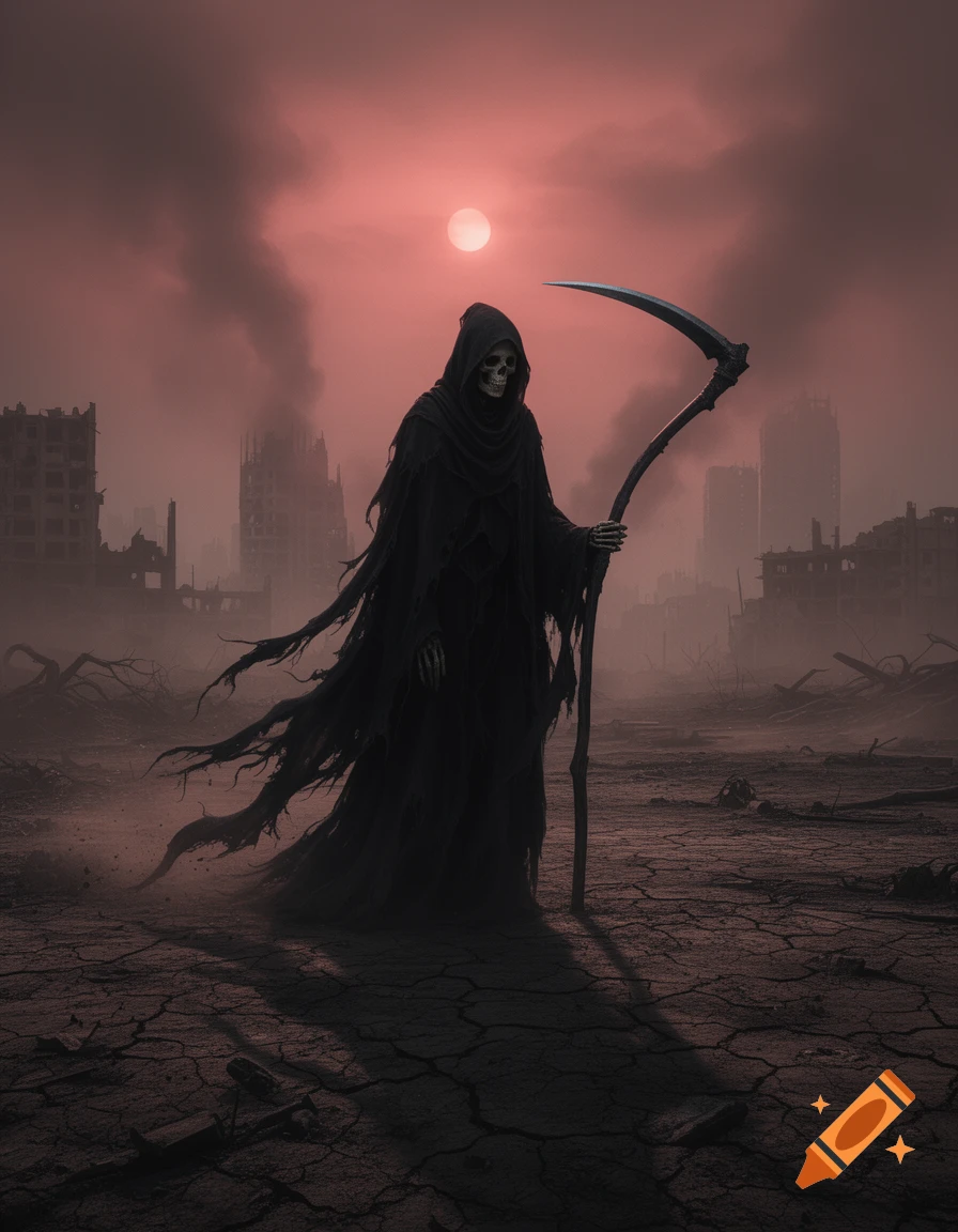 The Grim Reaper in a black cloak stands on cracked earth, holding a scythe in a ruined city under a red, smoky sky.