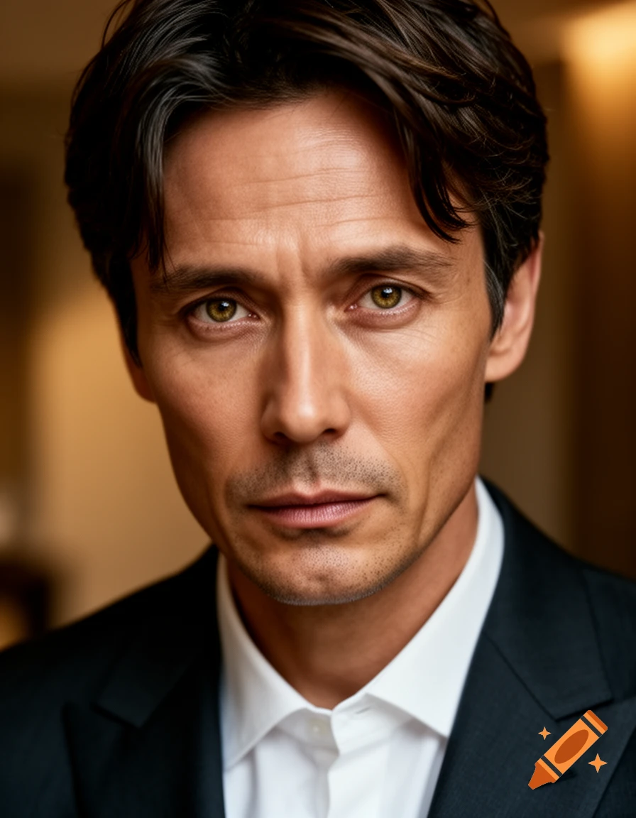 Close-up photorealistic portrait of a man with dark hair, green eyes ...