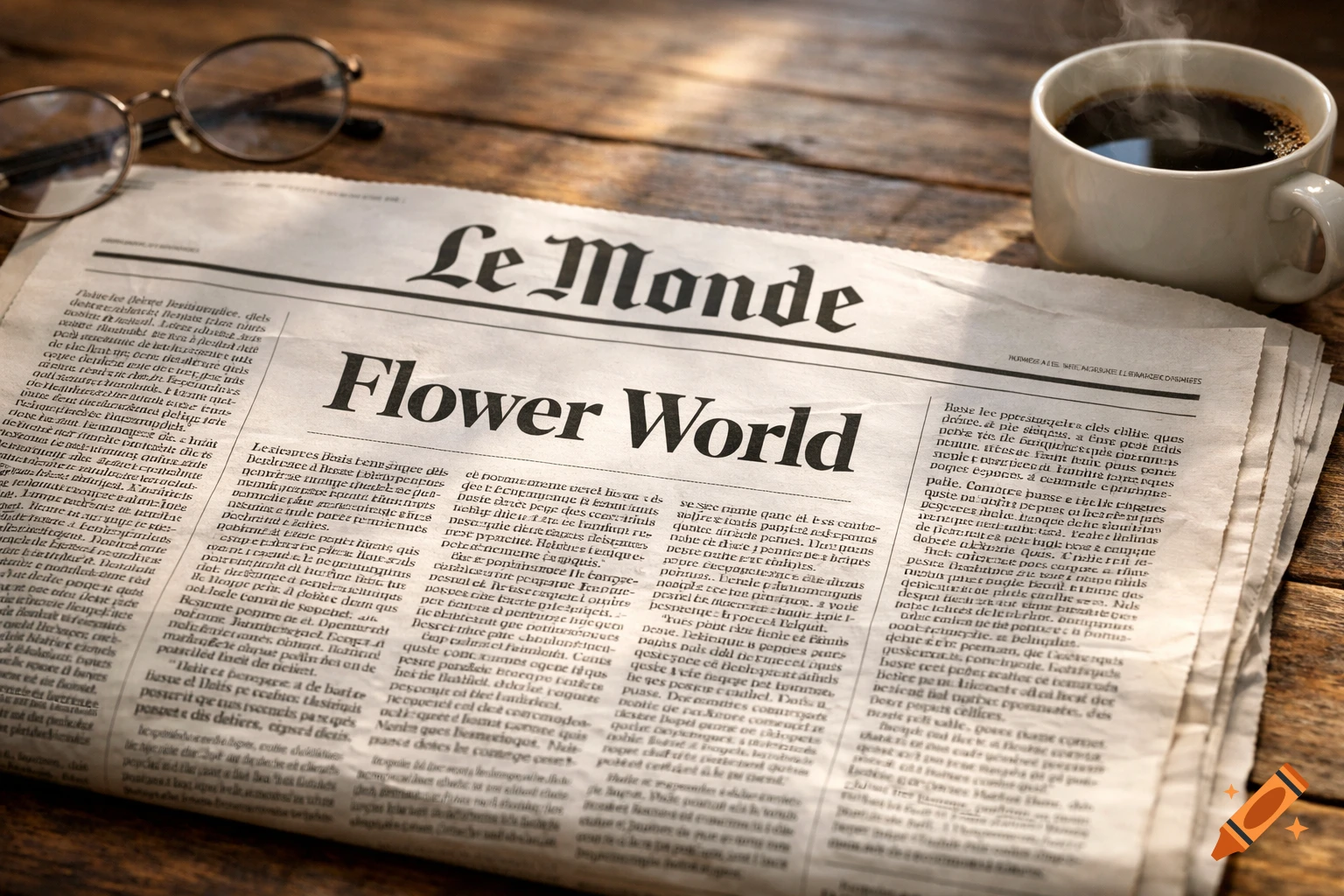 An overhead view of a newspaper titled "Le Monde" with a headline "Flower World," accompanied by reading glasses and a steaming cup of coffee, all resting on a wooden table.