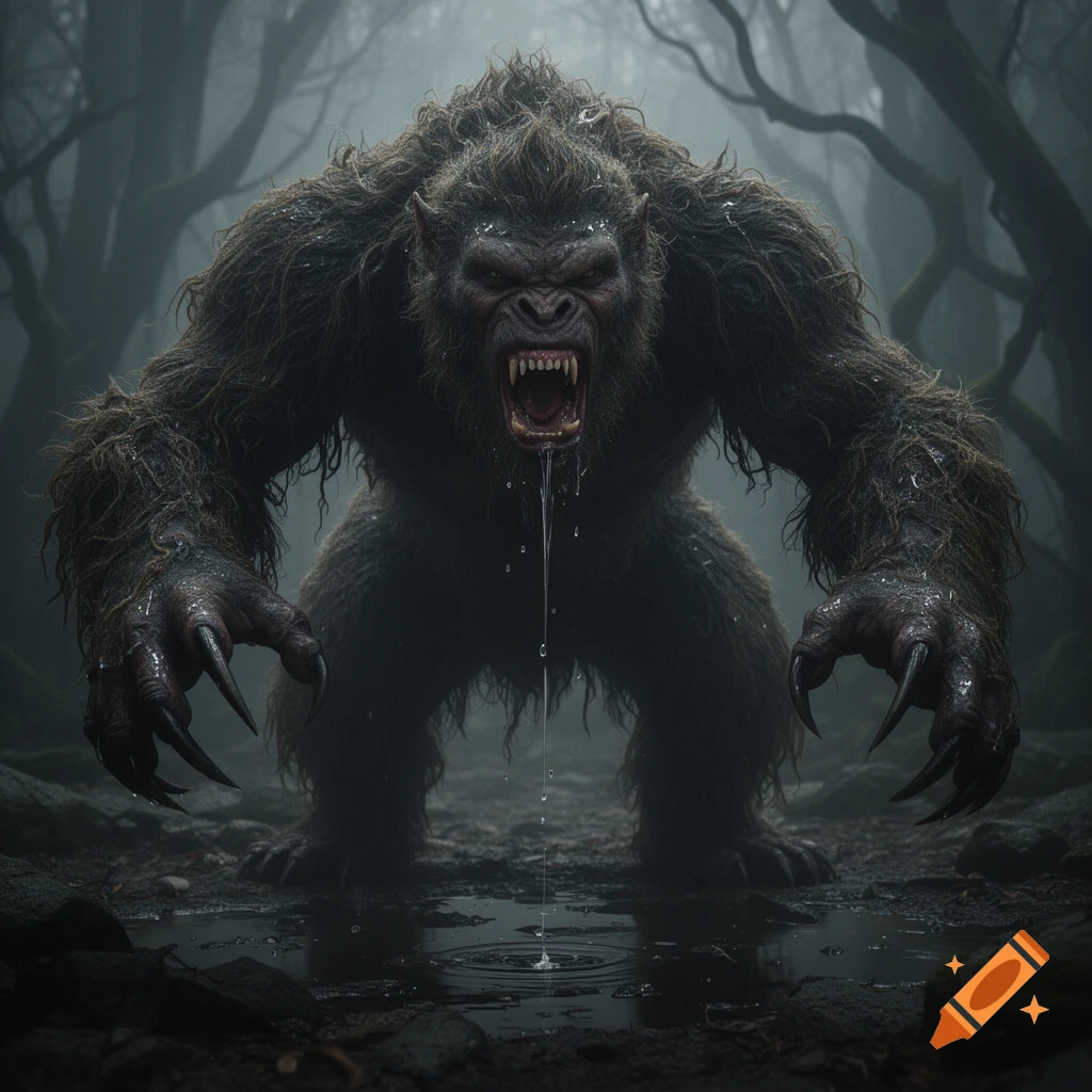 Photorealistic image of a large, hairy ape-like monster with sharp claws, roaring and drooling in a dark, misty forest.
