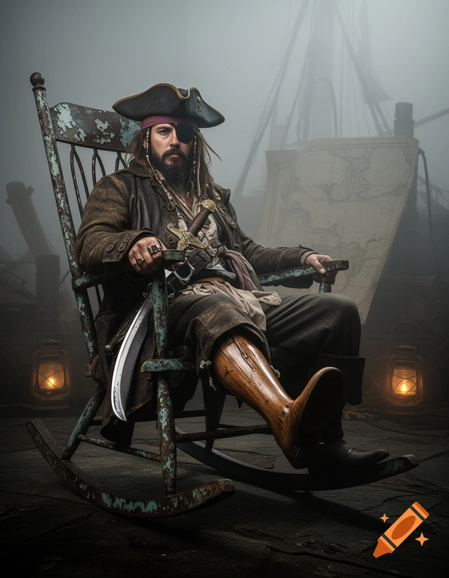 A photorealistic image of a pirate with a wooden leg and an eyepatch, sitting in a rusty rocking chair on a misty ship deck.
