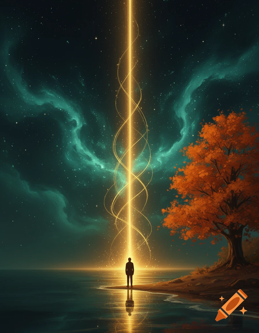 A solitary figure stands on a dark shore, facing a golden light beam ...
