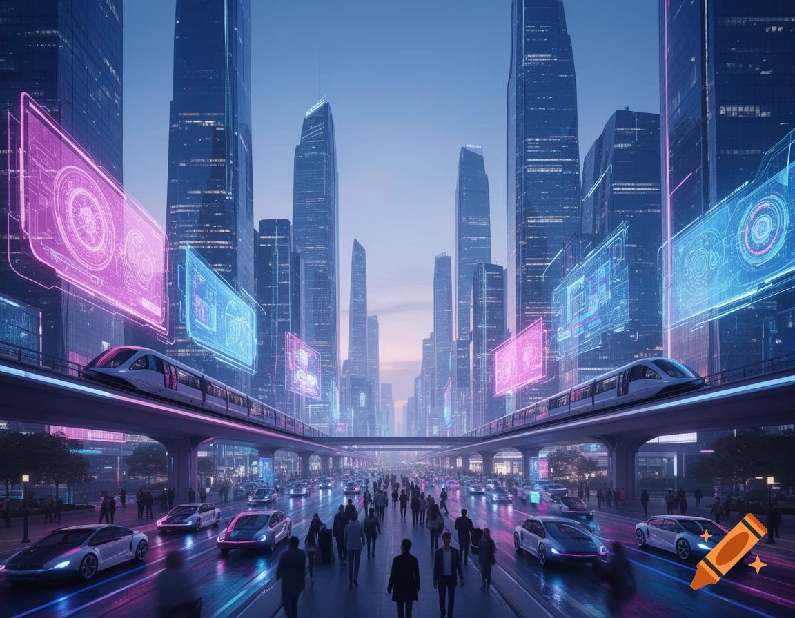 A vibrant, futuristic city street with tall skyscrapers, an elevated train, and illuminated cars, packed with pedestrians and neon holographic displays.