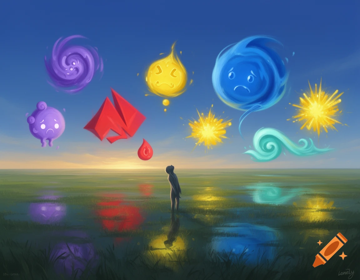 A lone figure stands in a grassy plain looking at abstract, colorful emotion shapes floating in a twilight sky.