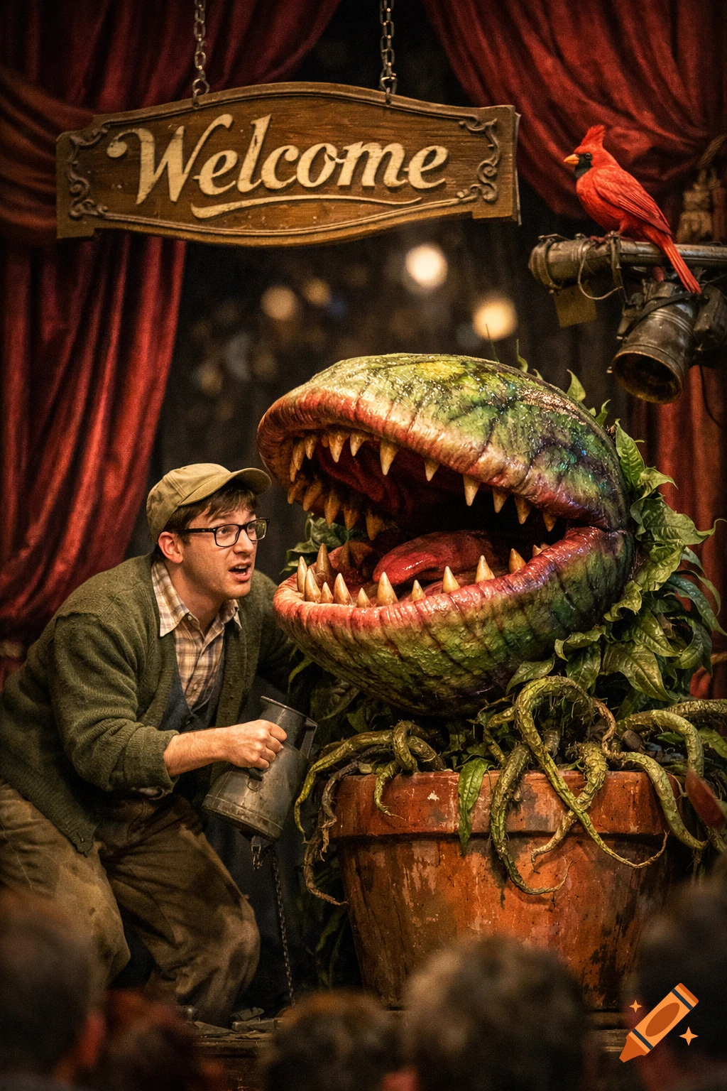 A man in glasses and a cap feeds a large, toothy carnivorous plant in a pot on a stage with red curtains. A "Welcome" sign hangs above, and a red cardinal perches nearby.