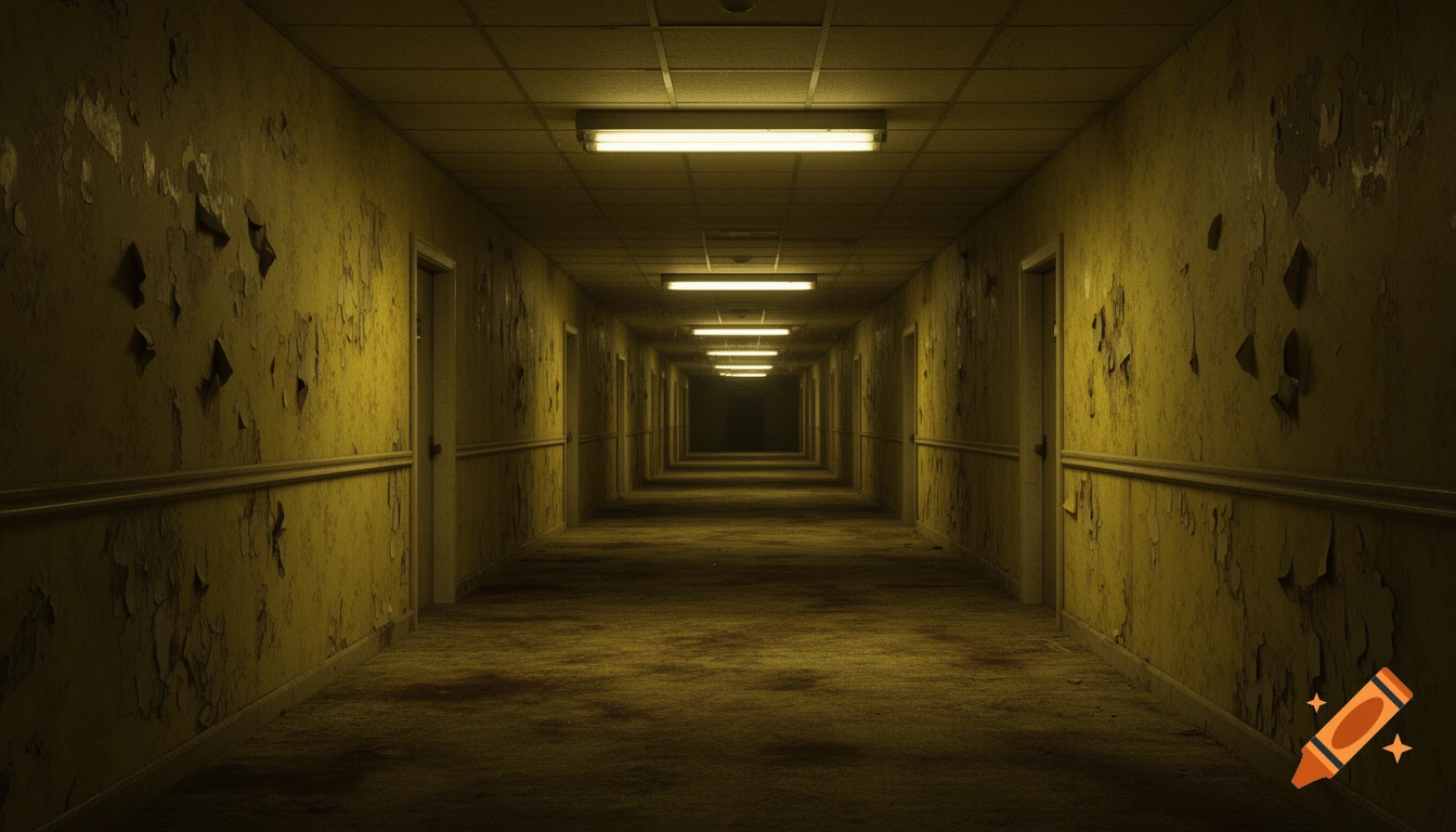 A long, dark, yellow-tinted hallway with peeling paint on the walls, fluorescent lights on the ceiling, and stained carpet.