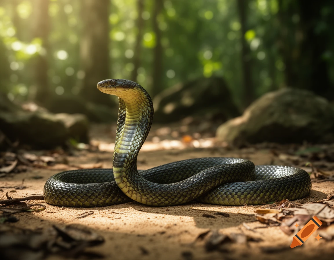 A photorealistic spectacled cobra with its head raised and body coiled on a sandy forest floor, bathed in sunlight.