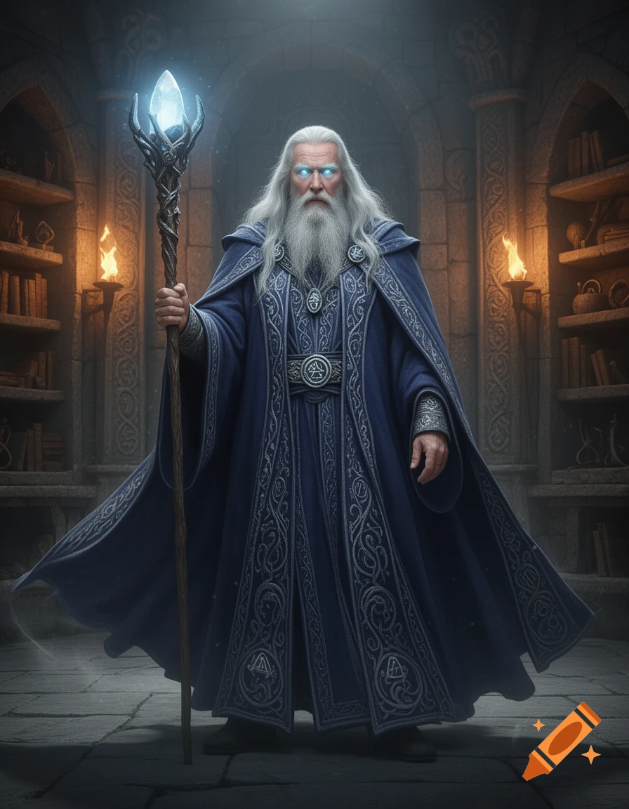 A powerful ancient wizard with a long white beard and glowing blue eyes stands in a stone library, holding a glowing staff. Photorealistic style.