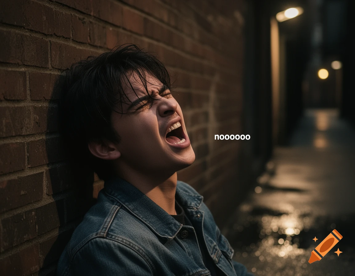 A young man with black hair screams 'noooooo' while leaning against a brick wall in a dark alley.