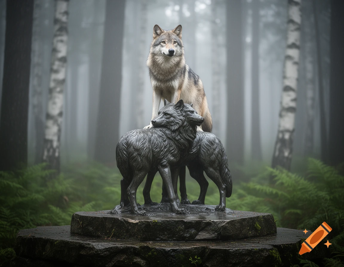 A real wolf stands on two dark stone wolf statues on a rock pedestal in a misty forest with birch trees and ferns.