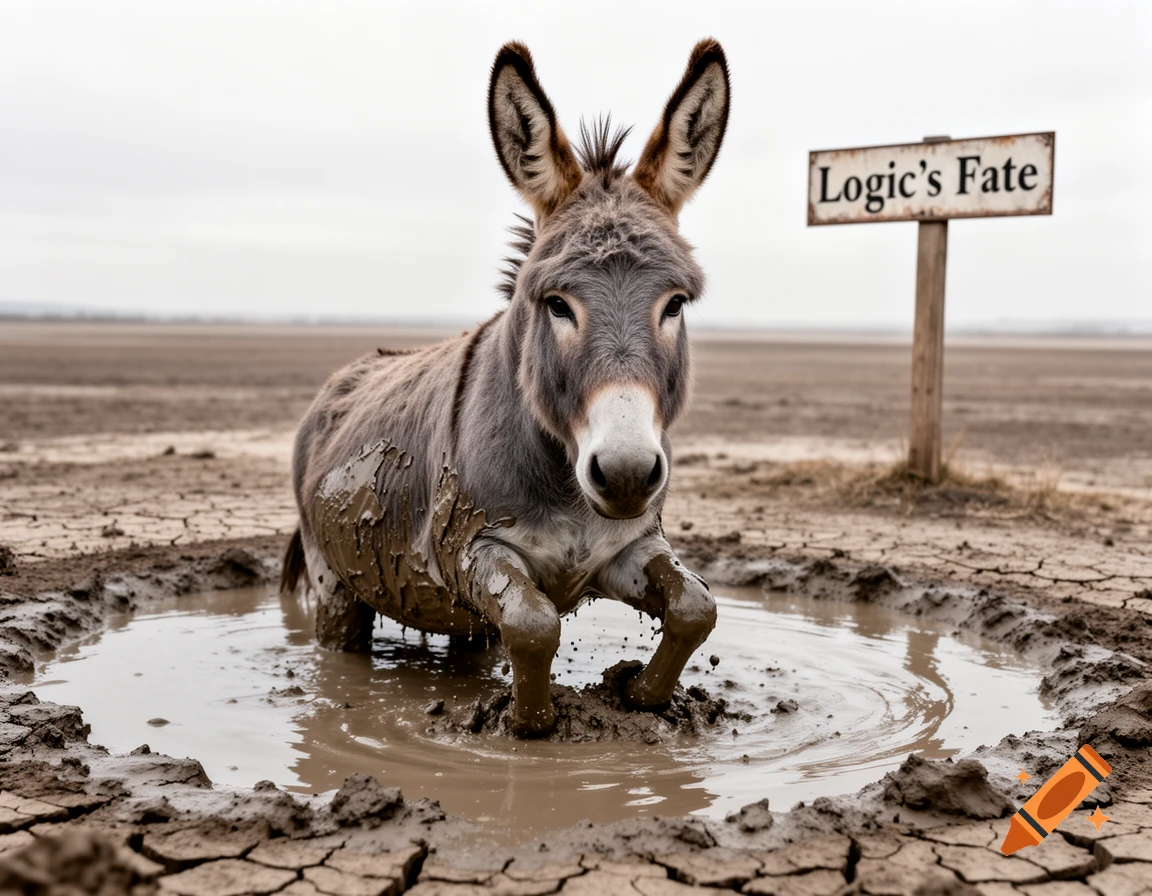 A photorealistic donkey stands in a mud puddle on cracked, dry earth. A sign in the background reads "Logic's Fate".