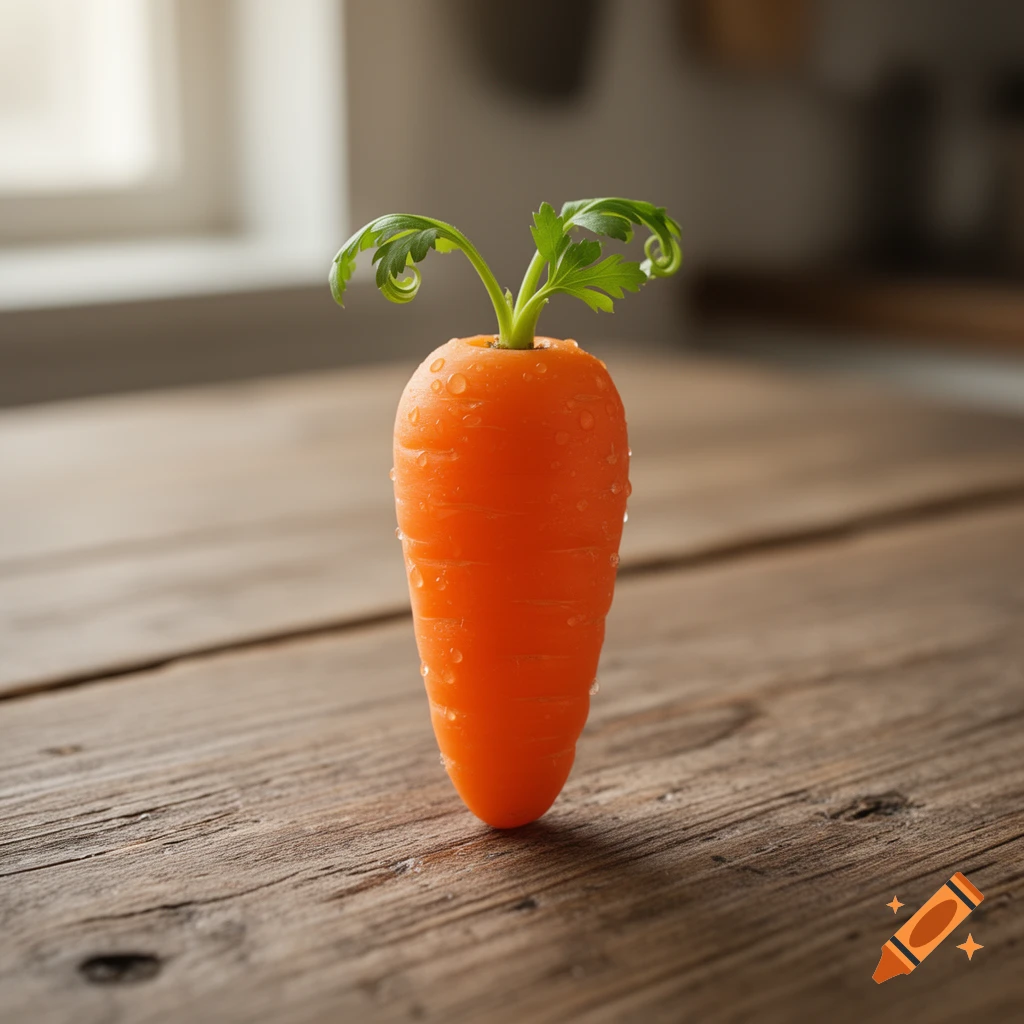 A fresh, wet carrot with green leaves stands upright on a rustic wooden table, photorealistic.