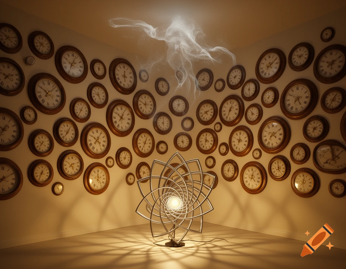 A surreal room with walls covered in many stopped clocks, a glowing fractal floor lamp, and a diffuse smoky entity floating near the ceiling.