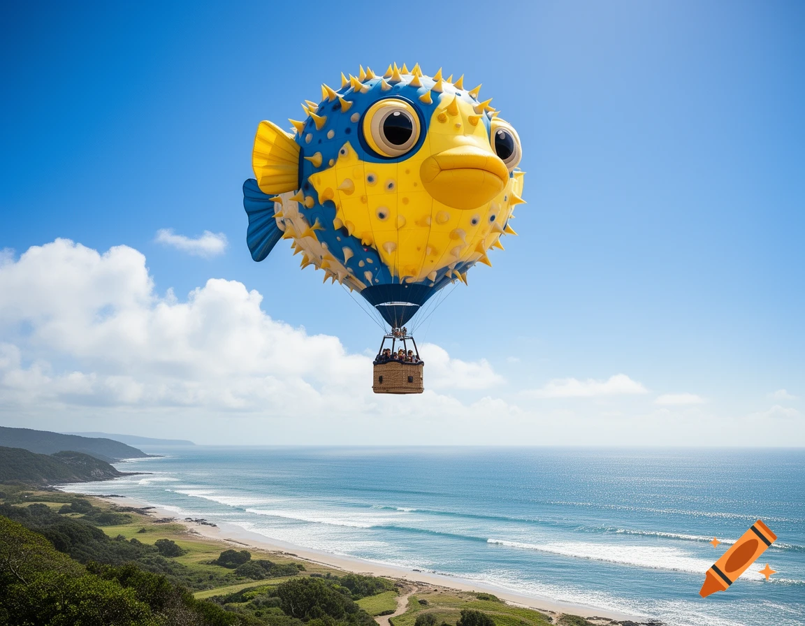 A vibrant blue and yellow pufferfish hot air balloon with passengers in its basket floats above a picturesque coastline with an ocean and clear blue sky.