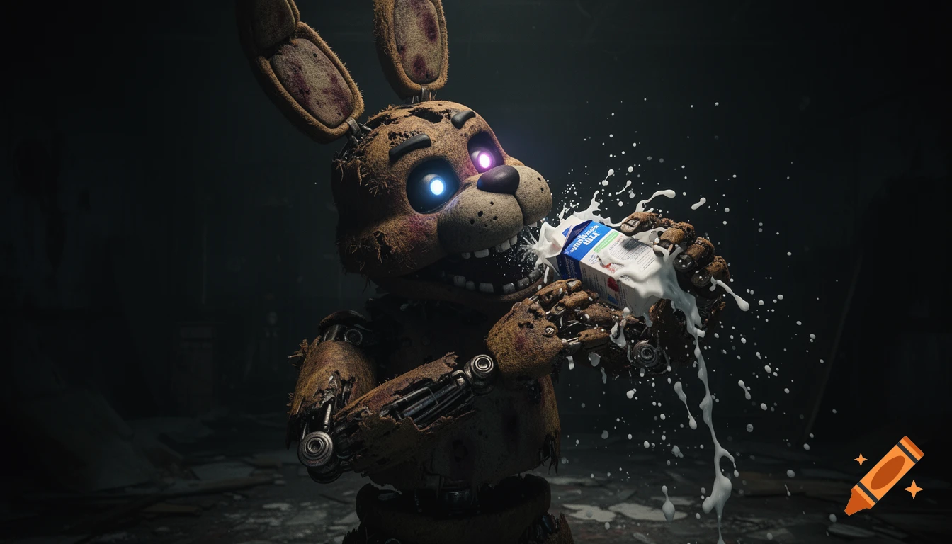 A withered animatronic rabbit with glowing eyes chugging a carton of milk that splashes everywhere in a dark, eerie setting, photorealistic style.