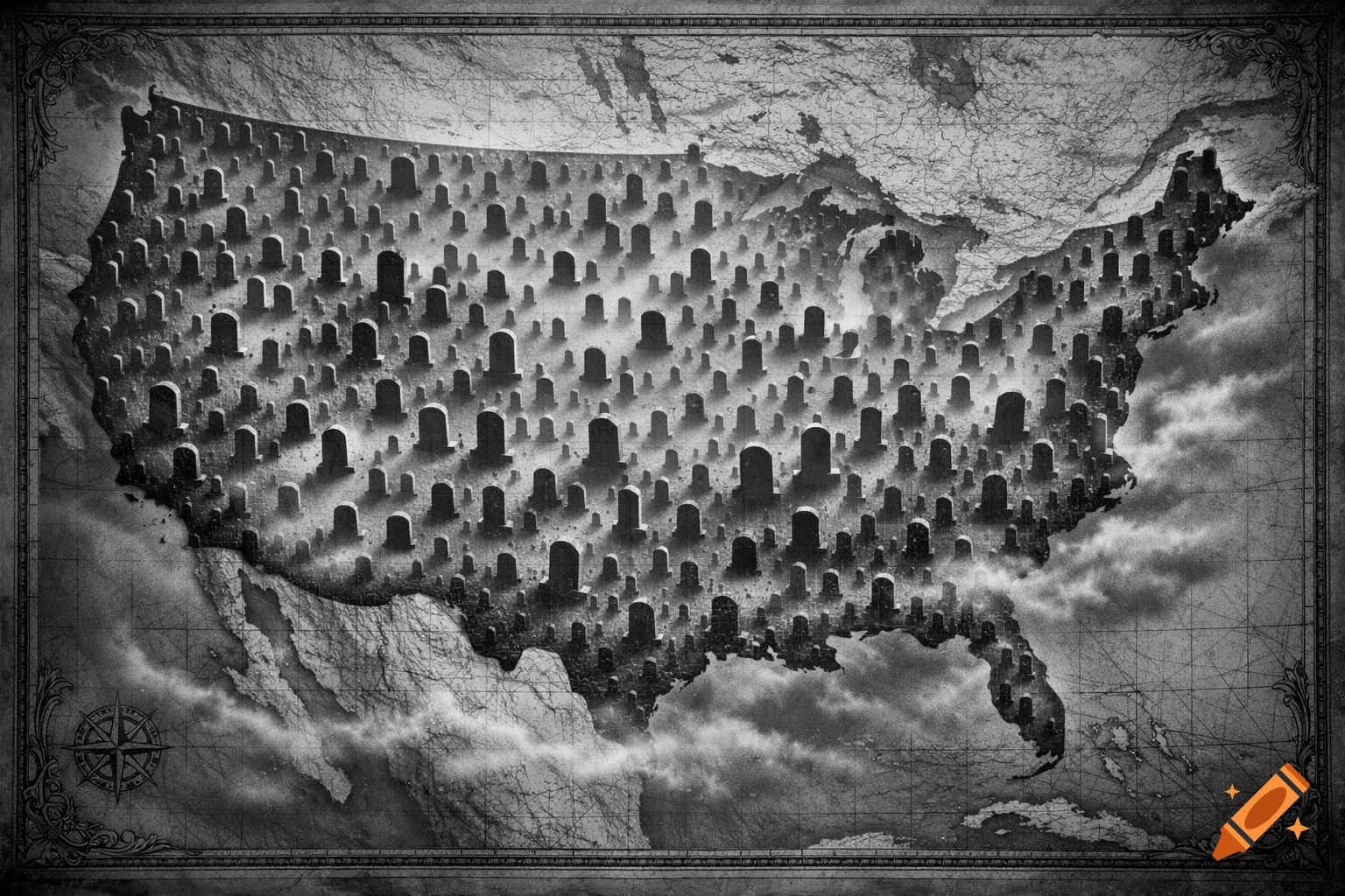 Black-and-white map of the United States blanketed with numerous tombstones, presented in a textured, somber artistic style.