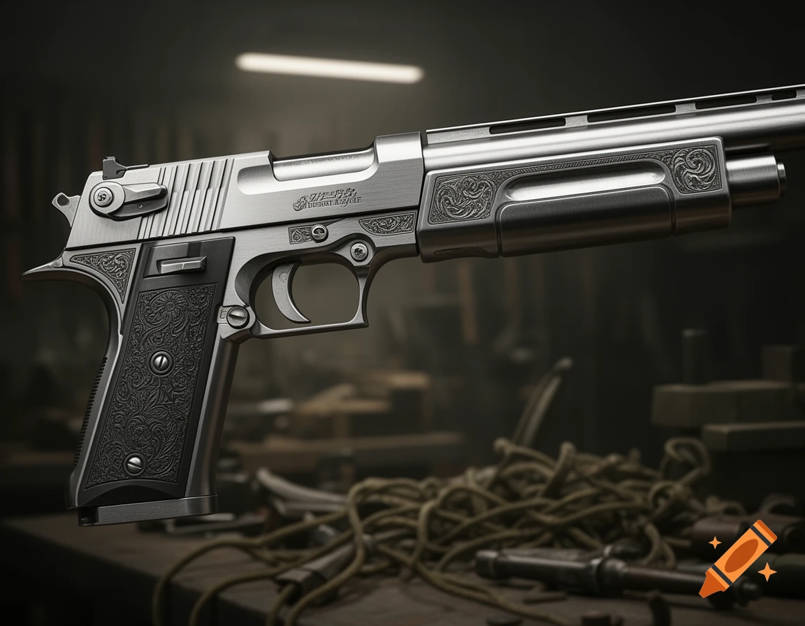 Close-up of a highly detailed, silver-metallic hybrid firearm, fusing elements of a Desert Eagle pistol and a shotgun, set against a blurred workshop background.