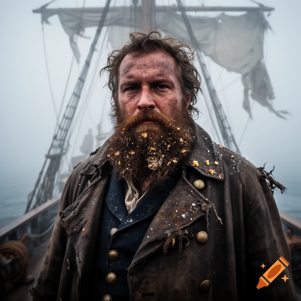 A rugged, bearded captain with debris in his beard and on his dirty coat stands on a foggy ship deck.
