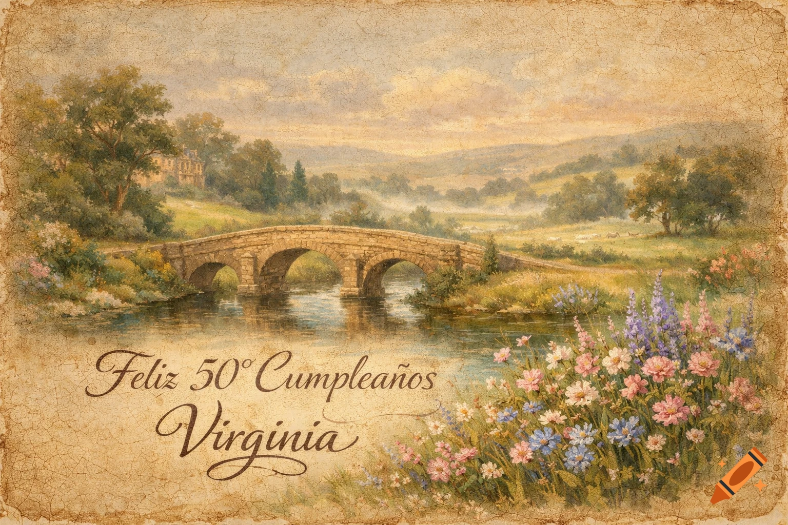 Vintage oil painting of a rustic stone bridge over a river, with lush trees and colorful wildflowers. Text reads 'Feliz 50 Cumplea os Virginia'.