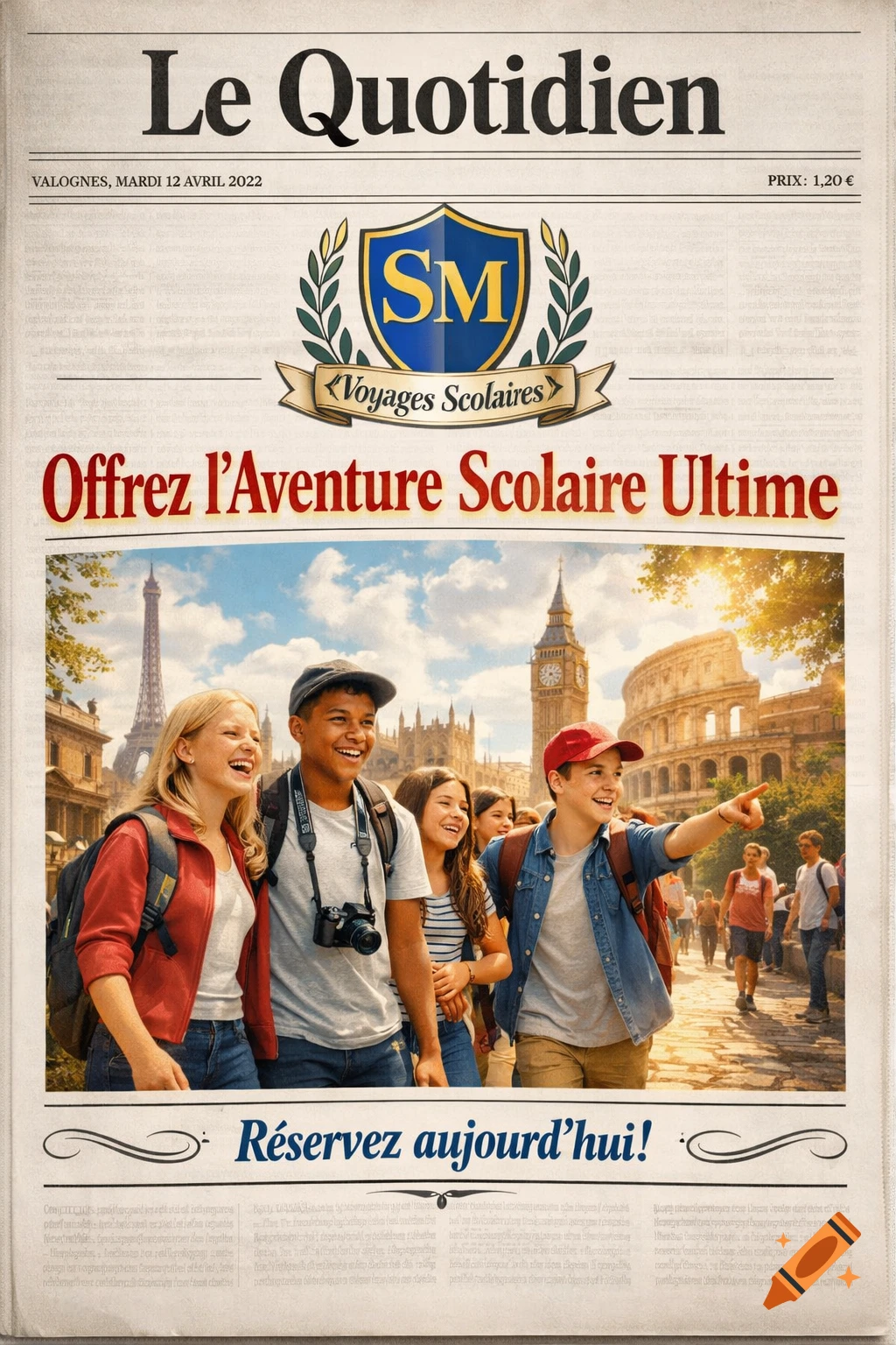 A fake newspaper front page advertising school trips, featuring smiling teenagers in front of famous European landmarks like the Eiffel Tower and Colosseum.