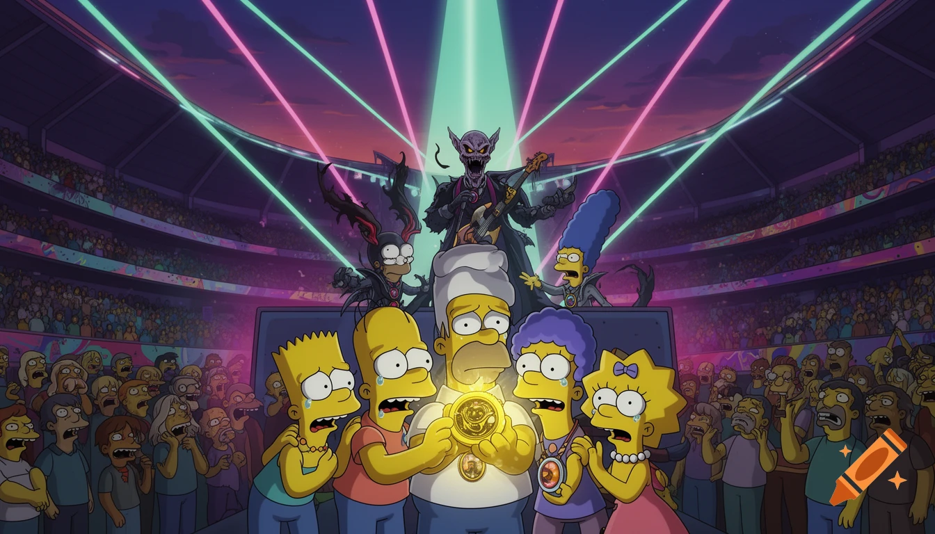 The Simpsons family, looking distressed, holds glowing amulets in a stadium while demonic rock stars perform under neon lights.