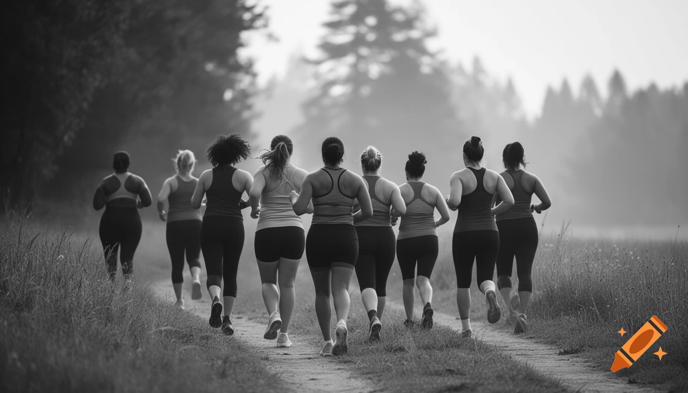Black and white photo of a diverse group of women running from behind on a natural outdoor path.