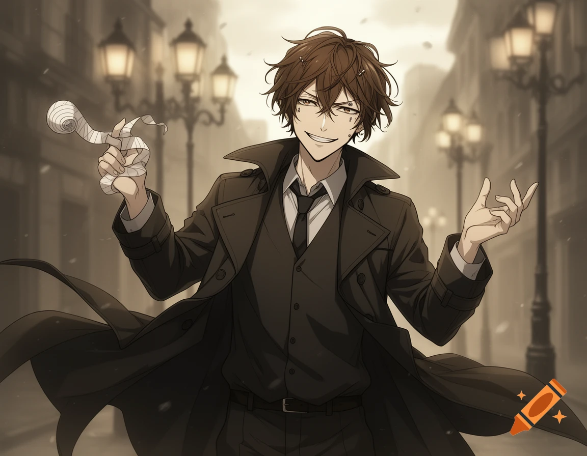 An anime man with brown hair, smirking in a trench coat, holding a rolled bandage on a city street.