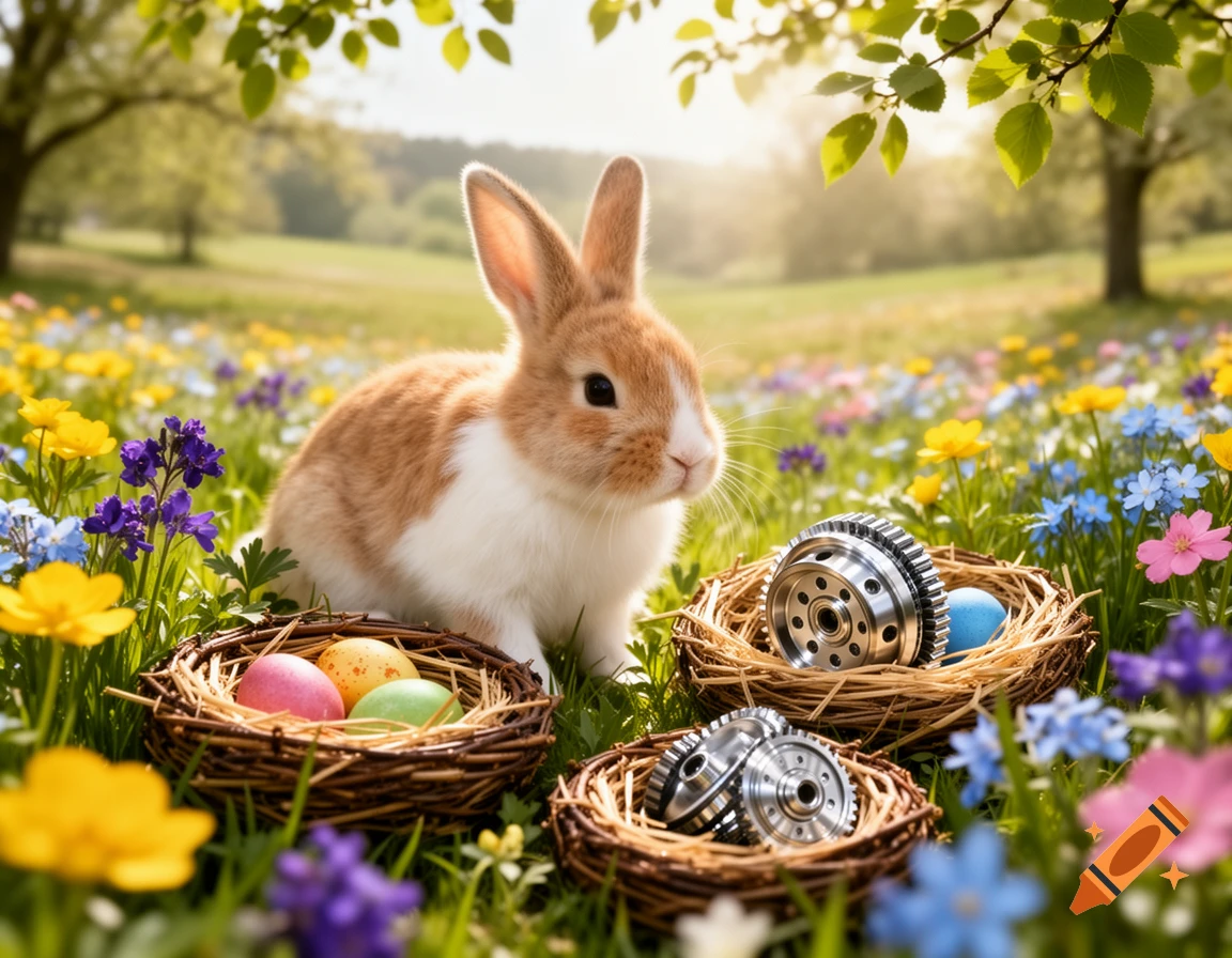 A fluffy bunny in a vibrant spring meadow with colorful flowers and ...