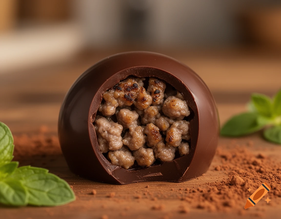 Photorealistic close-up of a chocolate truffle cut open to reveal a minced meat filling, with cocoa powder and mint on a wooden table.