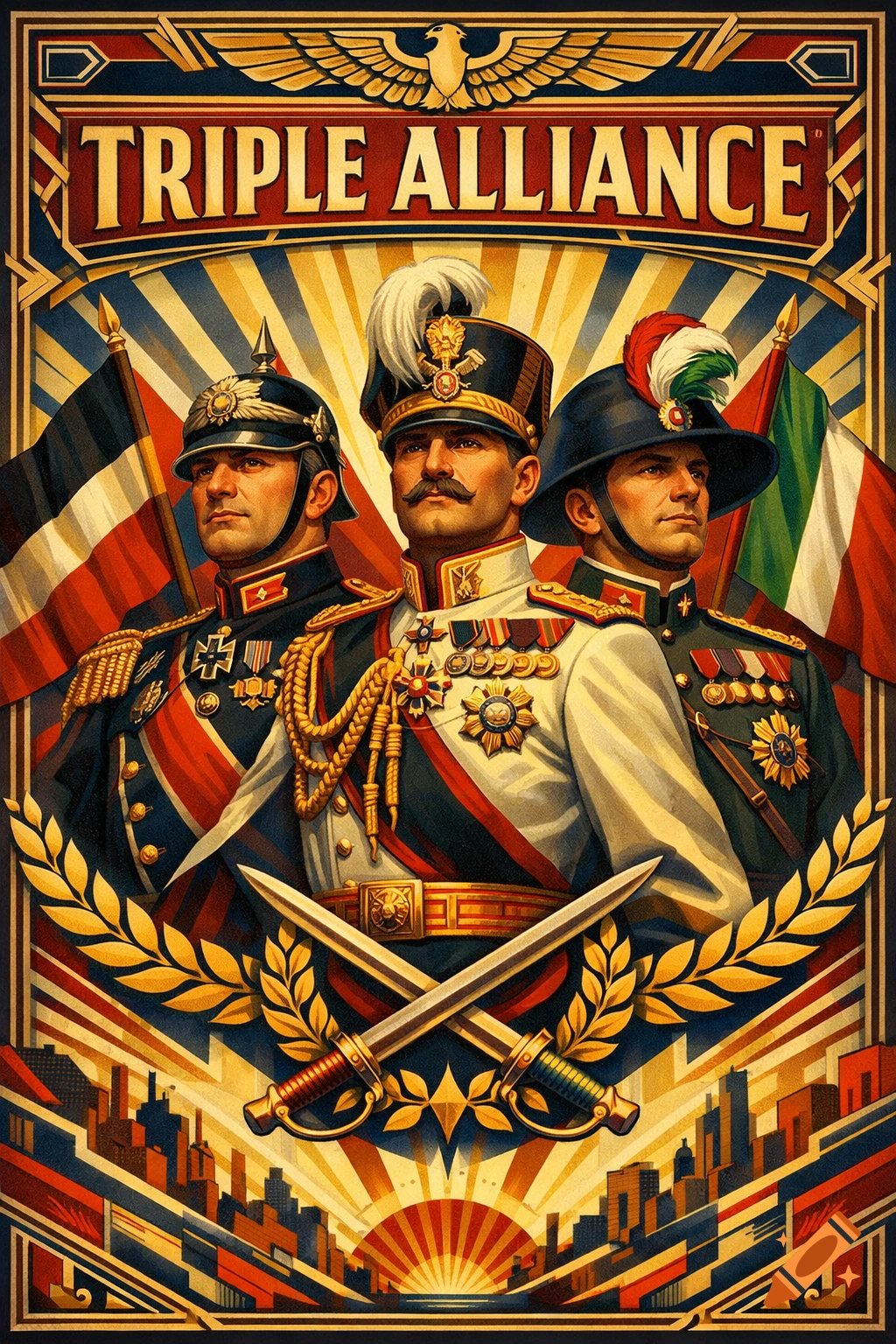 A vintage propaganda poster depicts three stern military officers in ornate uniforms, with flags, crossed swords, and a cityscape in the background. Text reads 'TRIPLE ALLIANCE'.