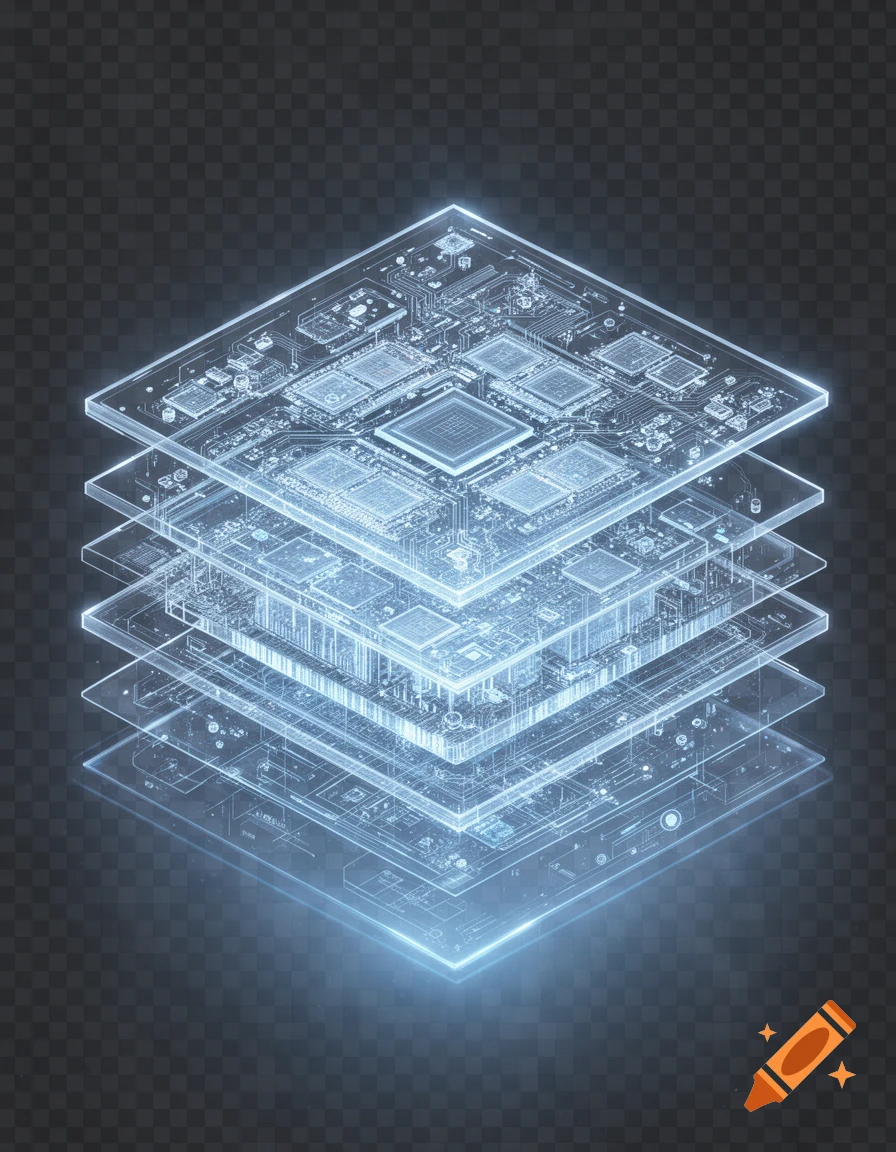 A conceptual illustration of stacked, glowing blue transparent circuit boards with intricate microchips and circuitry, set against a dark transparent background.