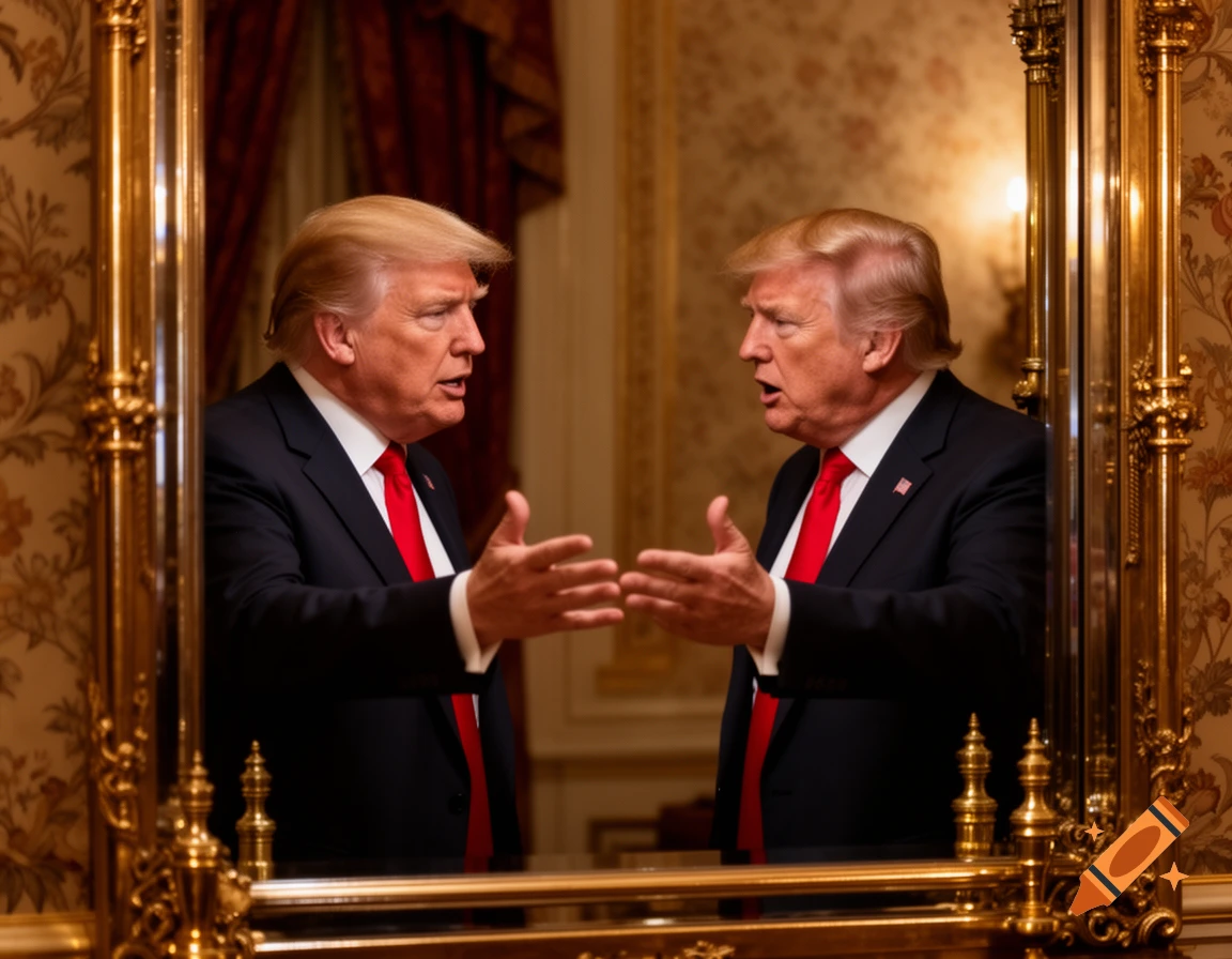 Donald Trump argues with his reflection in an ornate golden mirror, gesturing in a lavish room.