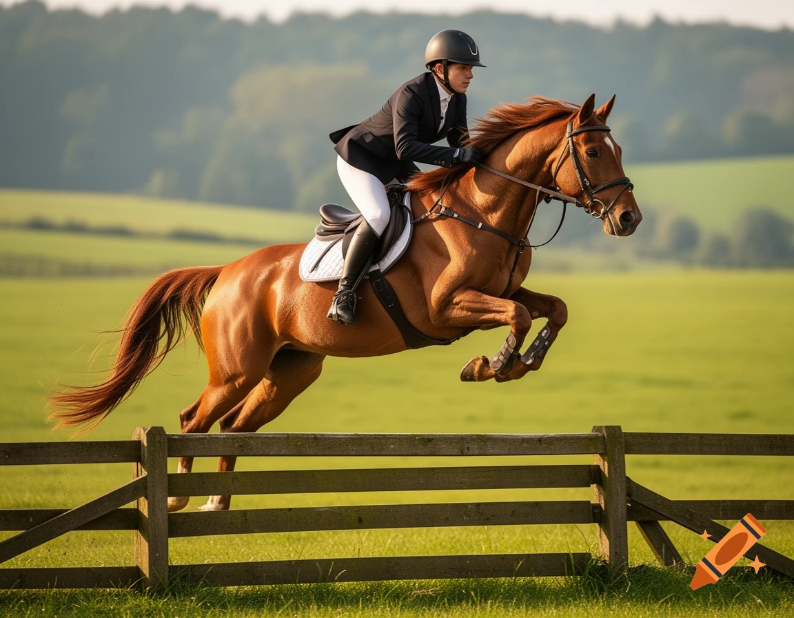 A rider in a black jacket and helmet on a brown horse jumps over a wooden fence in a green field.