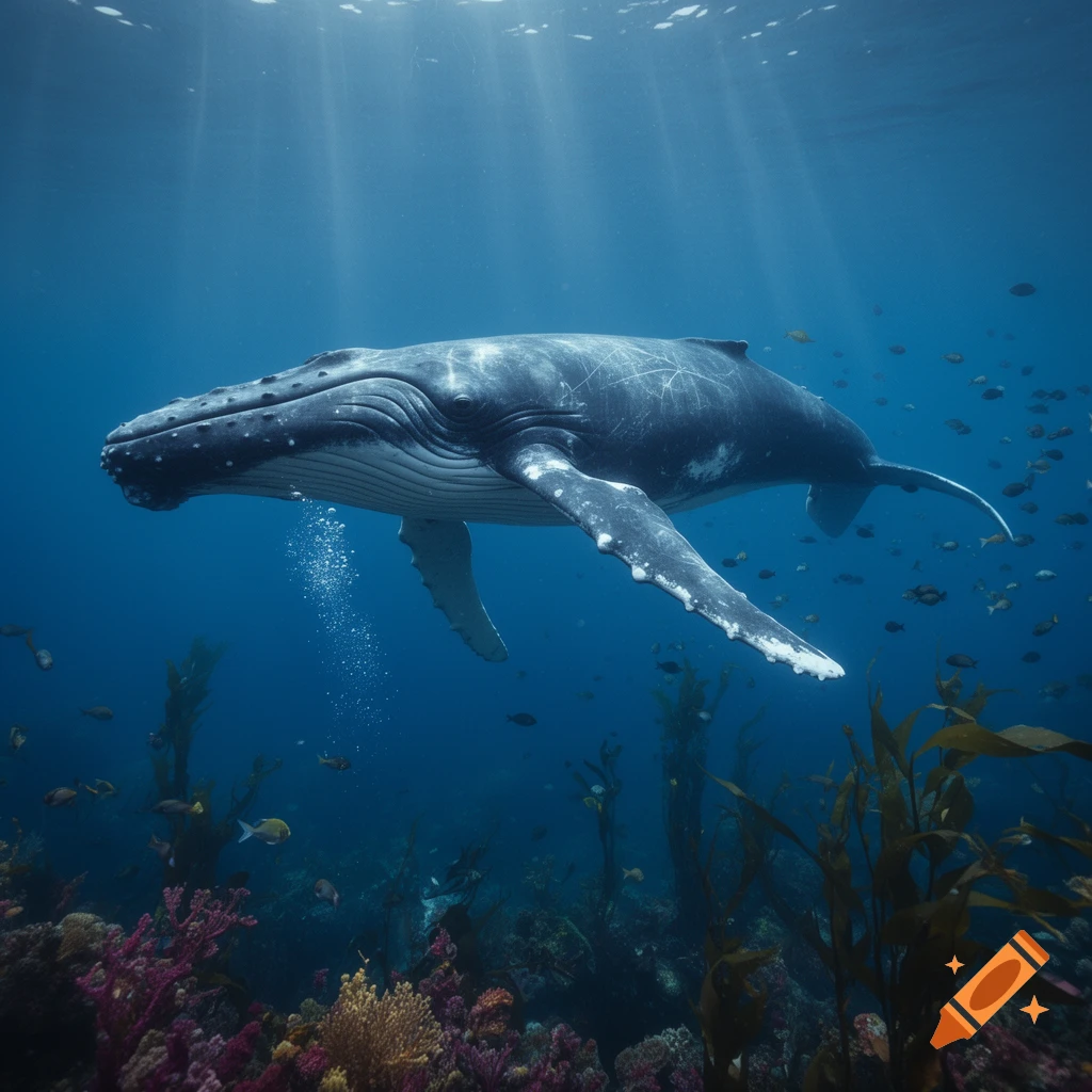 A majestic humpback whale swims underwater with rays of light penetrating the surface, surrounded by coral and kelp.