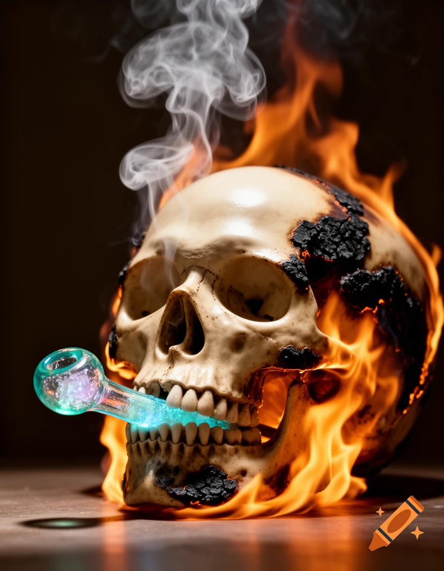 A burning skull holding a glowing blue pipe in its mouth, with smoke rising.