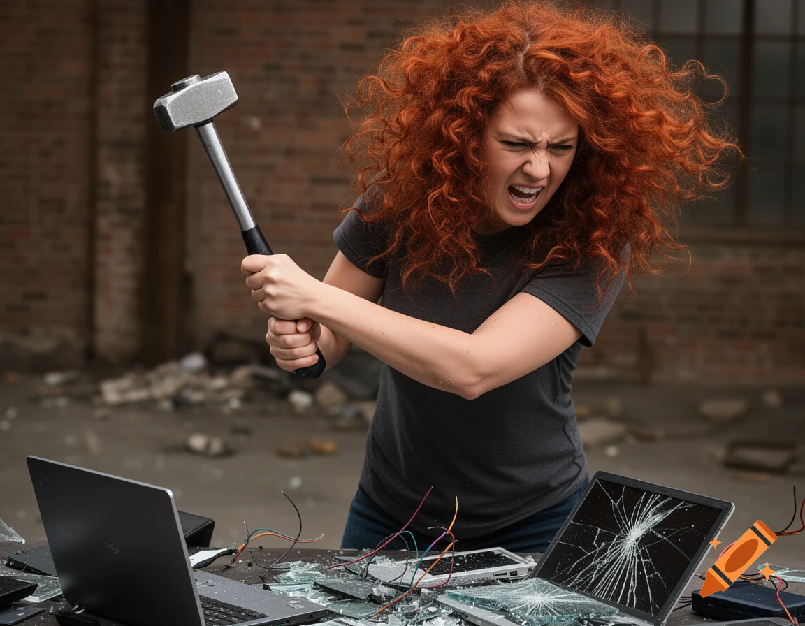 A furious, red-haired woman holding a sledgehammer over smashed laptops and electronics.