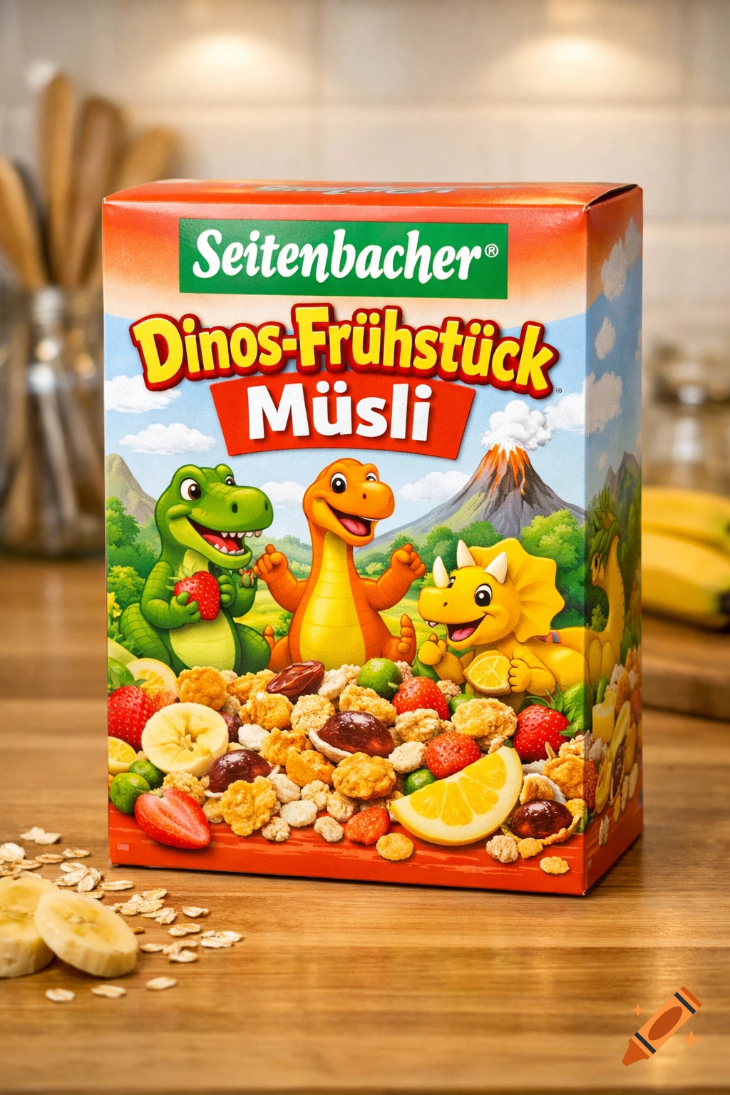 A box of Seitenbacher Dinos-Frühstück Müsli cereal with cartoon dinosaurs, fruit, and muesli on a wooden counter.