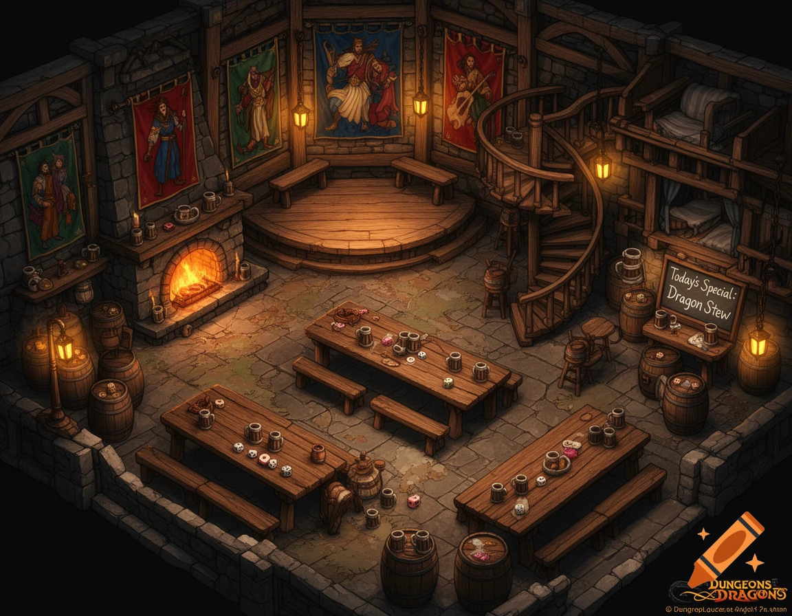 Isometric view of a fantasy tavern battlemap, featuring a fireplace, a stage, tables with dice and mugs, a spiral staircase, and a blackboard advertising "Today's Special: Dragon Stew".