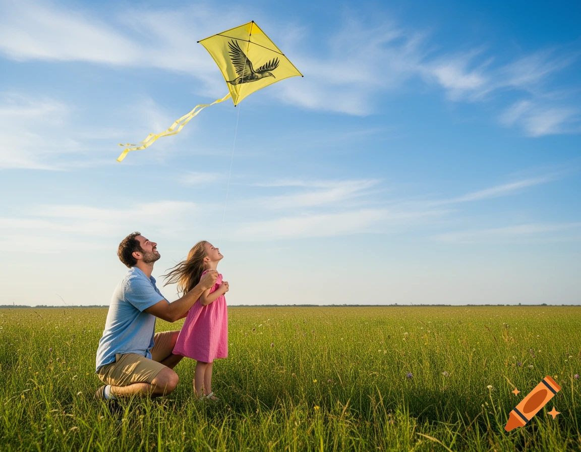 Father and daughter flying a yellow kite with an eagle design in a grassy field under a blue sky.