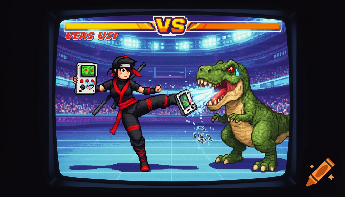 Pixel art scene on a CRT screen depicts a ninja girl in black and red kicking a green dinosaur. The dinosaur, sweating with pain, spits a handheld console. The game interface shows 'VS' and 'VERS US!'.
