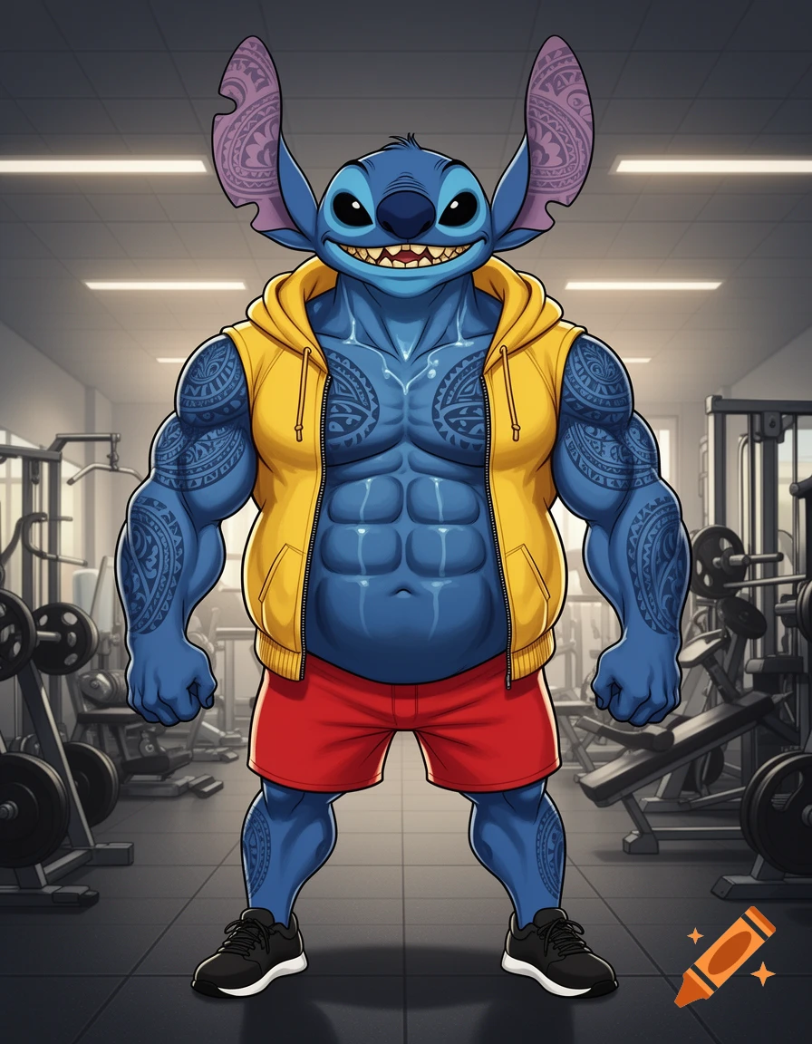 A muscular Stitch from Lilo & Stitch, with Polynesian tattoos, wearing red shorts and a yellow open hoodie, posing in a gym.